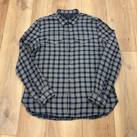 John Varvatos Other - 🌟JOHN VARVATOS🌟 DALE DOUBLEFACE PLAID BUTTON FRONT SHIRT NAVY / GREY SZ L